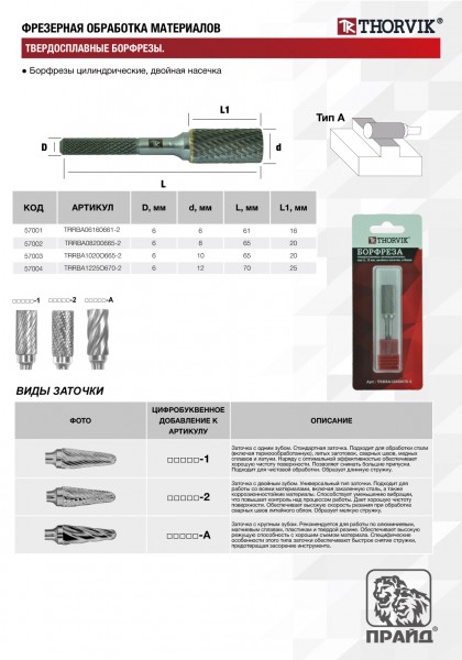Thorvik TRRBA08200665-2 Борфреза твердосплавная цилиндрическая, тип А, 8 мм, двойная насечка, в боксе TRRBA08200665-2