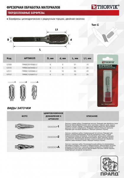 Thorvik TRRBC08200665-2  Борфреза твердосплавная цилиндрическая с радиусным торцом, тип C, 8 мм, двойная насечка, в боксе TRRBC08200665-2
