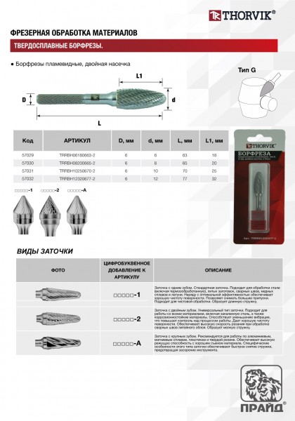 Thorvik TRRBH10250670-2  Борфреза твердосплавная пламевидная, тип H, 10 мм, двойная насечка, в боксе TRRBH10250670-2