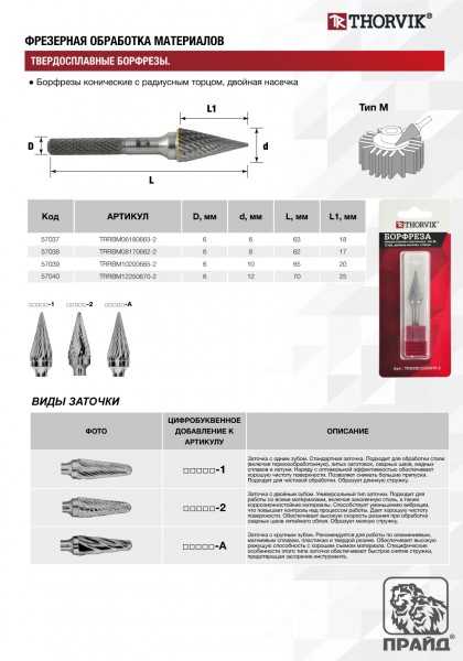 Thorvik TRRBM10200665-2  Борфреза твердосплавная коническая, тип M, 10 мм, двойная насечка, в боксе TRRBM10200665-2