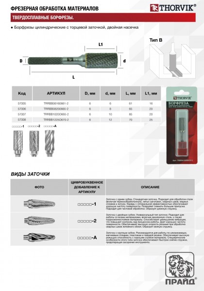 Thorvik TRRBB1225О670-2 Борфреза твердосплавная цилиндрическая с торцевой заточкой, тип B, 12 мм, двойная насечка, в боксе TRRBB1225&#x041E;670-2